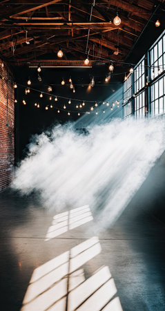 Captivating indoor shot of a large industrial space. Sunlight streams in through large windows, casting dramatic shadows on the concrete floor.  A subtle haze of smoke adds to the ambiance of the scene, while strings of warm-toned lights hang from the wooden ceiling. The image showcases the industrial design elements like the brick walls and wooden beams.の素材