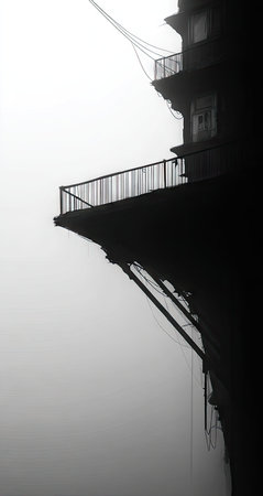 Grayscale, close-up view of a crumbling building's silhouette. The building appears to be perched precariously on a cliff edge,  with a balcony and railing in sharp focus against a misty, overcast sky.  The image evokes a sense of desolation and abandonment. The building's structure and the subtle details of the balcony railing are evident, while the overall impression is one of atmospheric and dramatic lighting, drawing attention to the decay and emptiness of the scene.の素材