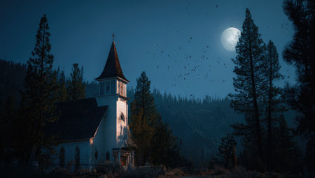 Picturesque scene of a small, white church nestled amongst dark, silhouetted trees in a moonlit forest. The full moon casts a soft glow on the church, creating a sense of peaceful mystery.の素材