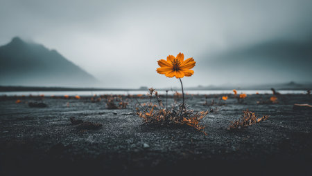 Single vibrant orange flower stands in a field of dark gray gravel, facing a backdrop of mountains and a body of water under a muted sky.  Small, dried plants are visible throughout the gravel.の素材