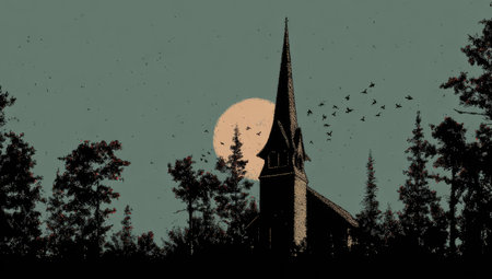 Stylized illustration of a church situated within a dense forest at night.  A large pale moon is visible in the sky above the church, while a flock of birds flies overhead.  The overall visual style is dark, textured, and reminiscent of a vintage print.の素材