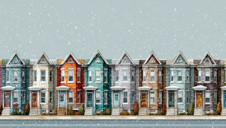 Picturesque row of brightly colored houses, each with a unique design and paint color, arranged in a neat row on a street. Snow gently falls on the buildings creating a winter scene. The houses have varied architectural styles and display detailed details, including trim, doors, and windows. The street is visible in front of the houses, covered with a thin layer of snow. The image suggests a quiet and cozy neighborhood scene in winter.の素材