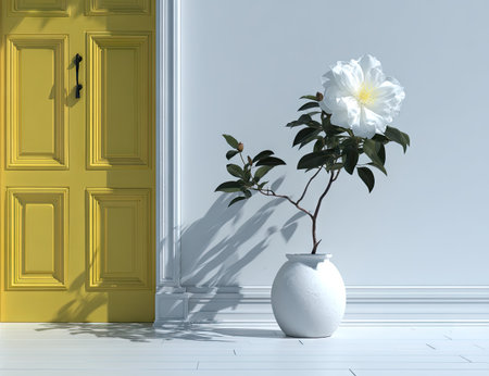 Digital rendering of a room interior with a yellow door, a white wall, and a potted flowering plant in a white vase.  The light and shadows are subtly rendered, creating a serene and visually appealing image.の素材