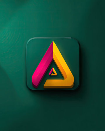 Vibrant  design featuring overlapping, 3D triangles in shades of pink and yellow, set against a deep teal background.  The design evokes a sense of depth and complexity through the layered geometric shapes.の素材