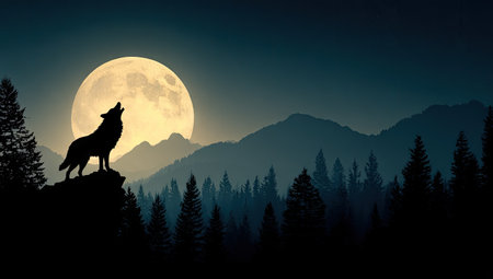 Silhouette of a wolf howling at the full moon, perched on a rock outcropping overlooking a dense forest and mountains. The image captures a dramatic and atmospheric night scene, highlighting the contrast between the illuminated moon and the deep shadows of the surrounding landscape.の素材