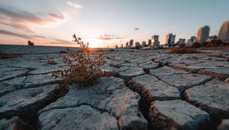 Small plant is centrally located in cracked, dry earth.  Buildings of a city are visible in the background, softened by distance, during a sunset.の素材