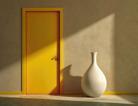 Yellow door and a white vase are set against a beige-colored wall.  Sunlight casts shadows on the surfaces.  The scene is presented as a still life with simple, clean lines.の素材