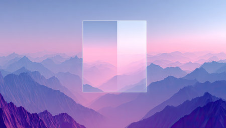 Digital illustration of a mountain range, featuring a gradient of soft purple, pink, and blue hues, with a prominent rectangular section exhibiting a contrasting color palette.  The mountains are layered with subtle details and textures, creating a sense of depth and atmosphere.の素材