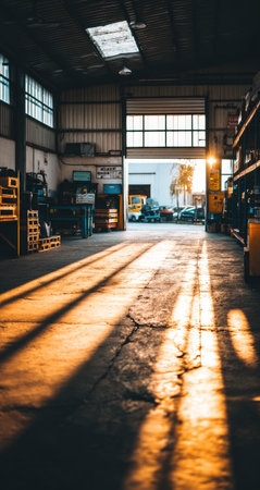 Sunlight streams into a large, empty industrial warehouse, casting long shadows on the concrete floor.  The interior is brightly lit, and the structure is made of metal and concrete.の素材
