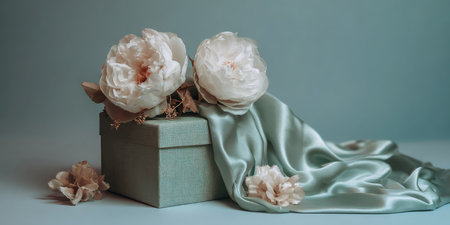 A pastel gift box is decorated with soft flowers and draped silk.の素材