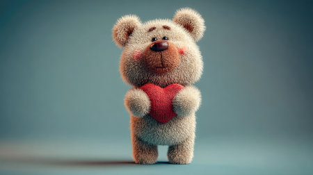 Digitally rendered, fluffy, light brown teddy bear stands holding a textured, knitted red heart close to its chest against a plain, cool-toned bluish-gray background, conveying themes of affection and romance.の素材