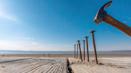, low-angle view captures the head of a claw hammer descending toward several rusty, partially embedded nails lined up on rough, weathered wooden boards outdoors. The background features a vast, bright blue sky over a flat, distant landscape, possibly a dry lakebed or shore.の素材