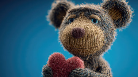 Portrait of a charming, handmade knitted stuffed animal resembling a bear, with distinct textured yarn forming its features and fur, holding a small, deep red, fuzzy heart object in its paws against a solid, softly lit blue backdrop.の素材