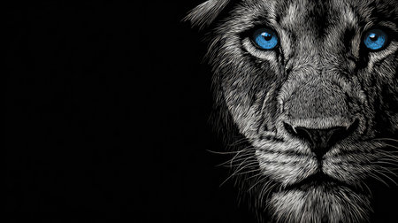 A detailed artistic depiction of a lion's intense face with captivating blue eyes.の素材