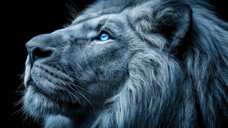 A regal lion with intense blue eyes is depicted in a powerful profile view.の素材
