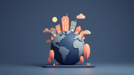 Three-dimensional digital artwork depicting a stylized globe with miniature modern buildings sprouting from its upper surface, surrounded by soft, rounded clouds and small, colorful trees, all set against a solid, muted blue-gray background, suggesting themes of global urbanization or ecology.の素材