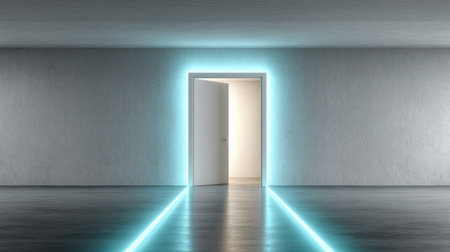 Highly stylized, symmetrical interior scene featuring an open white door set into a textured gray wall, dramatically framed by brilliant cyan neon light emanating from behind the frame and casting a glowing path across the dark, reflective concrete floor, suggesting concepts of future, opportunity, or transition.の素材
