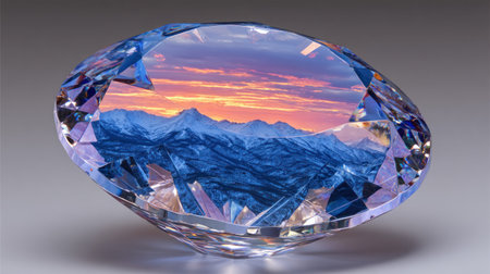 , low-angle view of a large, perfectly cut, faceted clear crystal or gemstone resting on a smooth, neutral surface, wherein the facets brilliantly reflect and refract the image of a vibrant sunset illuminating snow-covered mountain ranges under a dramatic sky.の素材