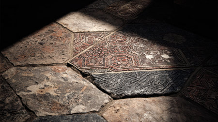 View of an old, uneven stone floor featuring sections of intricately patterned tiles, partially obscured by deep shadows with a stark diagonal beam of light highlighting the rough, weathered texture and faded red and dark designs embedded in the ancient masonry.の素材