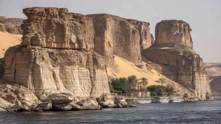Towering, weathered sandstone cliffs dominate the scene where they meet the dark, rippling water of a large river. At the base of the rock face, a small area of vegetation, including palm trees, provides a stark contrast to the arid surroundings, with a few moored passenger boats docked near a low wooden platform.の素材
