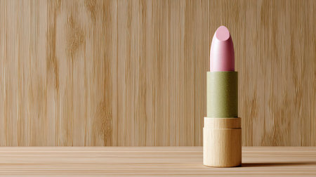 Single tube of pale pink lipstick, partially extended from its natural, likely wooden or recycled material casing, is centered on a light-colored wooden shelf or table. The background consists of vertically oriented wooden planks, creating a warm, earthy, and eco-conscious aesthetic.の素材