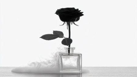 A single black rose in a glass bottle produces ethereal smoke against a bright background.の素材