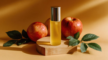 Still life photograph featuring a tall, slender glass bottle containing golden liquid, likely an essence or oil, centered on a small, round wooden riser. Two vibrant red and yellow apples flank the product, accompanied by dark green leaves on either side, all set against a warm, solid ochre background with dramatic diagonal lighting creating strong shadows.の素材
