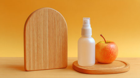 Still life arrangement featuring a translucent white spray bottle positioned next to a ripe, reddish-yellow , both resting on a small, round wooden coaster. To the left stands a tall, upright wooden board with a rounded top, all set against a solid, warm orange-yellow background and resting on a light wooden surface.の素材