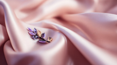 Photograph showcases a small, ornate decorative piece resembling a tiny branch or sprig, set with multifaceted stones in shades of violet and pale gold. The object is nestled in the deep, flowing folds of a lustrous, blush-toned satin or silk material, which dominates the composition with its smooth texture and gentle highlights and shadows.の素材