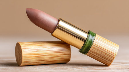 Shot highlights an open tube of lipstick with a muted brown or mauve color, set in packaging predominantly made of light-colored, striated wood, likely bamboo, with a small green accent band around the base of the active component. The cap, also wooden, lies nearby on a wooden surface against a soft, blurred tan background.の素材