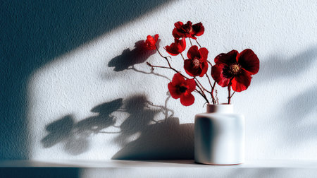 Red flowers in a simple white vase create dramatic shadows.の素材
