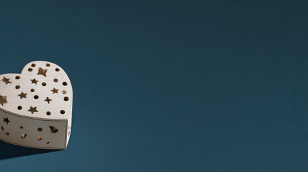 Shot features a small, white, heart-shaped object, possibly a candle holder or box, positioned in the lower left corner against a deep, richly textured, dark teal or blue background, with its star and circle cutouts illuminated slightly, creating a soft contrast and deep shadow.の素材