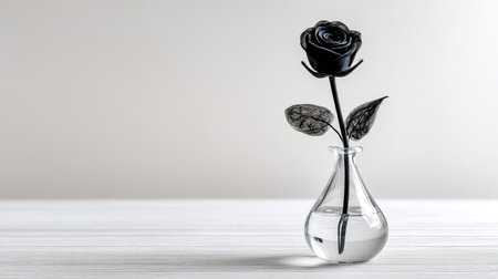 A solitary black rose in a clear vase sits on a white wooden surface.の素材