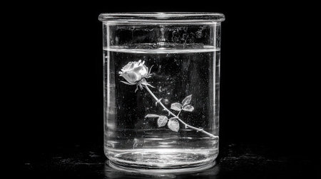 A single rose stem with bud and leaves sits in a clear glass jar of water.の素材