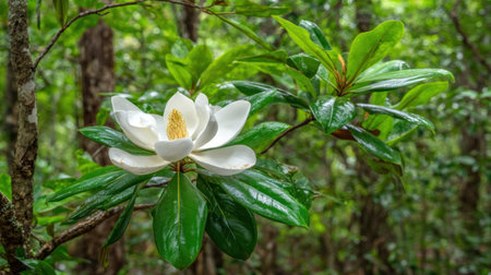 Photograph captures a pristine white flower with a prominent yellow center, surrounded by large, glossy, dark green leaves, positioned on a branch within a thickly wooded or jungle environment. The background is composed of blurred green tones indicating dense surrounding plant life and tree trunks.の素材