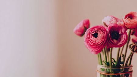 A close-up of a bouquet of pink ranunculus flowers in a vase.の素材