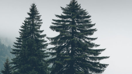 , slightly muted view of two prominent, dark green, mature evergreen trees, likely fir or spruce, set against a very light gray, foggy or overcast sky. Hints of distant, obscured slopes or hills are visible in the lower left background.の素材