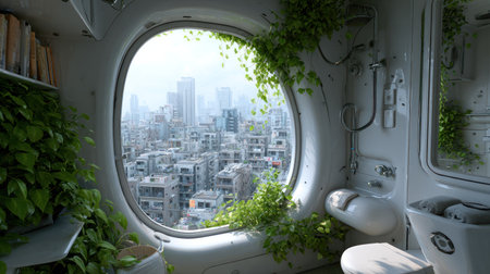 View from a small, capsule-like bathroom featuring bright white, futuristic fixtures, including a compact toilet and shower assembly, heavily integrated with lush green trailing plants that frame an unusually shaped window overlooking a sprawling, densely packed city landscape of grey buildings under a bright sky.の素材