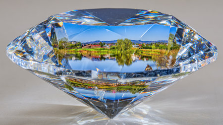 , angled view of a brilliantly cut clear crystal object, shaped like a precious stone, which magnifies and inverts a colorful daytime landscape scene showing a body of water reflecting trees, distant homes, and a bright blue sky.の素材