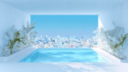 Interior space featuring a bright, minimalist white design with abundant tropical foliage lining the sides, overlooking a vast infinity-edge swimming pool that seamlessly merges with the expansive, colorful cityscape visible through a large rectangular opening against a clear blue sky.の素材