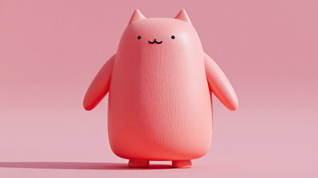 3D rendered, stylized, chubby, pink figure resembling a cat with small ears and minimal facial features, standing upright against a solid, pale pink background with subtle lighting and shadows.の素材