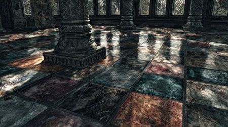 Low-angle perspective shot capturing the highly reflective, multi-hued tiled floor of an expansive, old hall, illuminated by streaks of bright light filtering in from tall windows in the background, casting strong shadows from several massive, intricately carved stone columns that dominate the scene.の素材