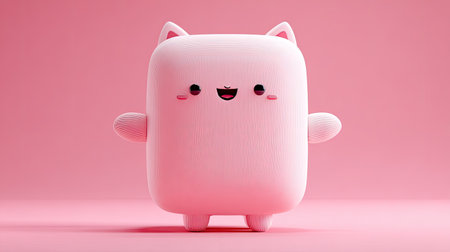 Charming, stylized 3D rendered character resembling a simplified, rounded creature with small cat ears, minimal limbs, and a wide, smiling face with rosy cheeks, set against a smooth, uniform pink environment with subtle lighting and ground shadow.の素材