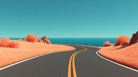 Dramatically colored, almost surreal landscape featuring a dark gray, winding road with yellow double center lines and white edge lines leading toward a bright blue body of water under a vast, clear turquoise sky. The roadside terrain is covered in unusually vibrant orange or coral-colored grass and scrub brush, with brown rocky formations flanking the route.の素材
