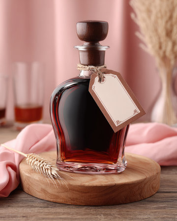 A dark amber beverage is presented in a decorative glass decanter on a wooden surface.の素材