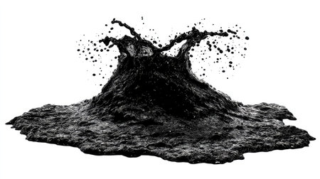 A dynamic splash of dark liquid frozen in motion against a white background.の素材