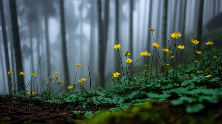 Low-angle perspective capturing several small, bright yellow wildflowers standing on a patch of deep green, leafy ground cover. The background is dominated by the vertical trunks of numerous tall trees receding into a thick, cool mist, creating a strong contrast between the illuminated foreground flora and the muted, mysterious forest backdrop.の素材