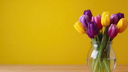 A colorful bouquet of tulips in a glass vase.の素材