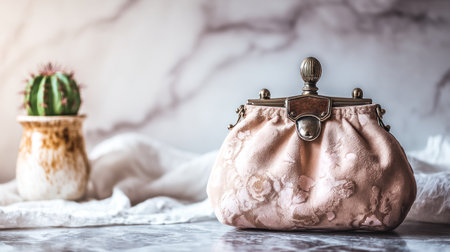 Softly lit still life composition featuring an antique-style, pale pink, ruched fabric purse with an ornate metal clasp resting on a dark, reflective surface. To the left, a small, round green succulent sits in a mottled brown and cream ceramic pot, with white, casually draped linen fabric softening the background and foreground. The overall mood is delicate and slightly nostalgic, set against a light, marbled wall texture.の素材