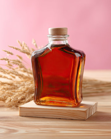 A clear glass bottle filled with amber liquid sits on a wooden base.の素材